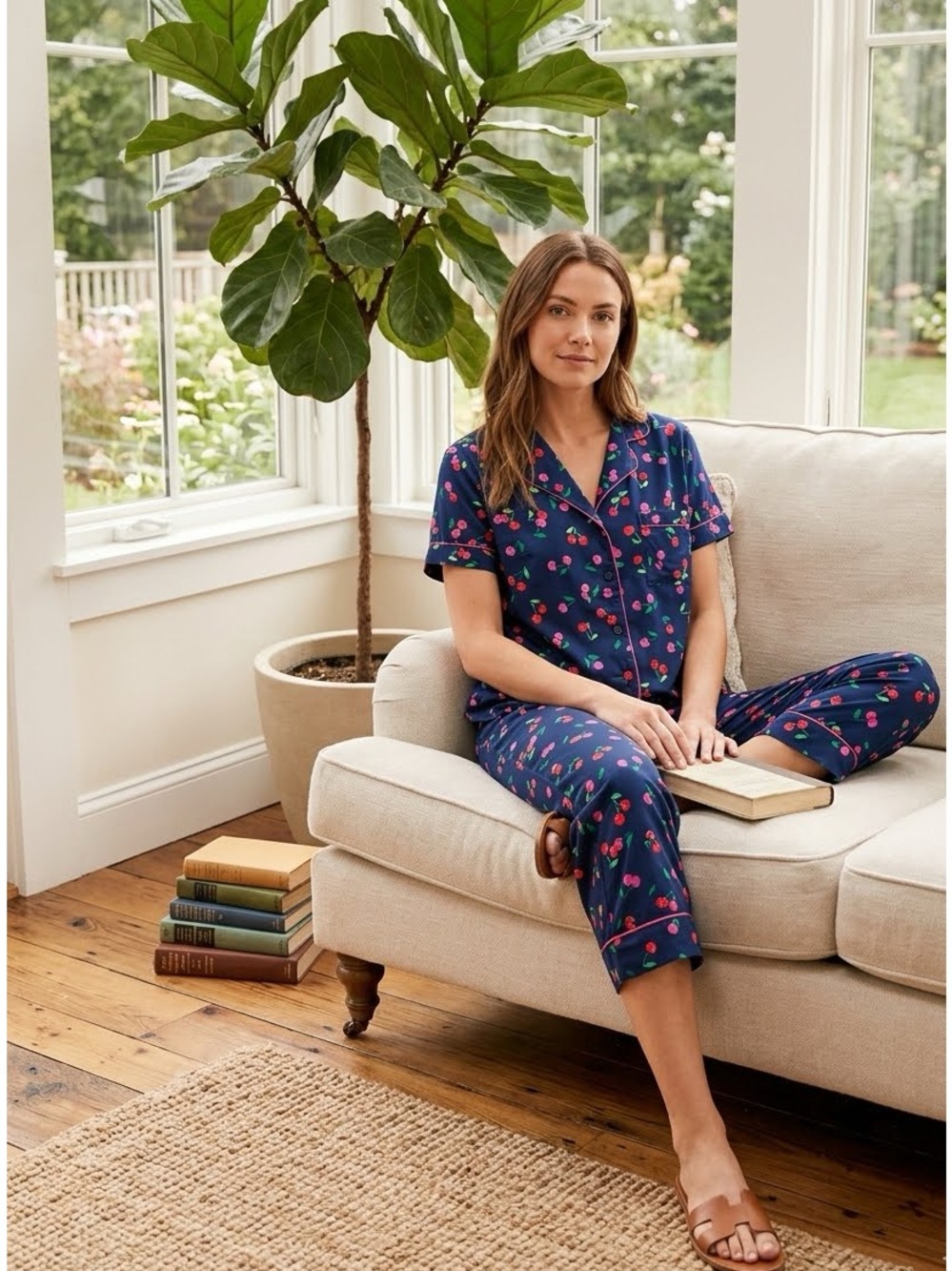 NWT Kate Spade Navy Cherry Print Short Sleeve Cropped Pajama Set Size L Preppy
